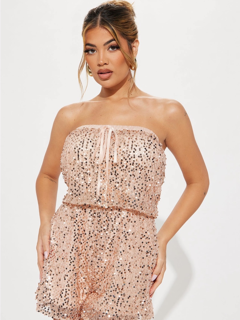 Fashion Nova Blush Sequin Strapless Romper